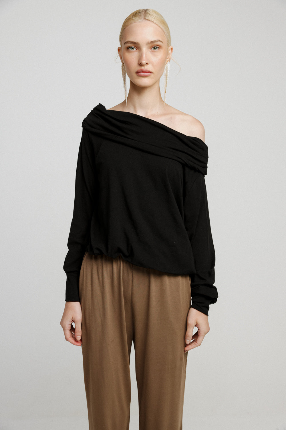 Draw Off Shoulder Black Top