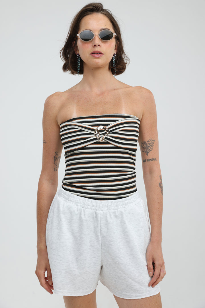 Icon Grey Striped Strapless Top