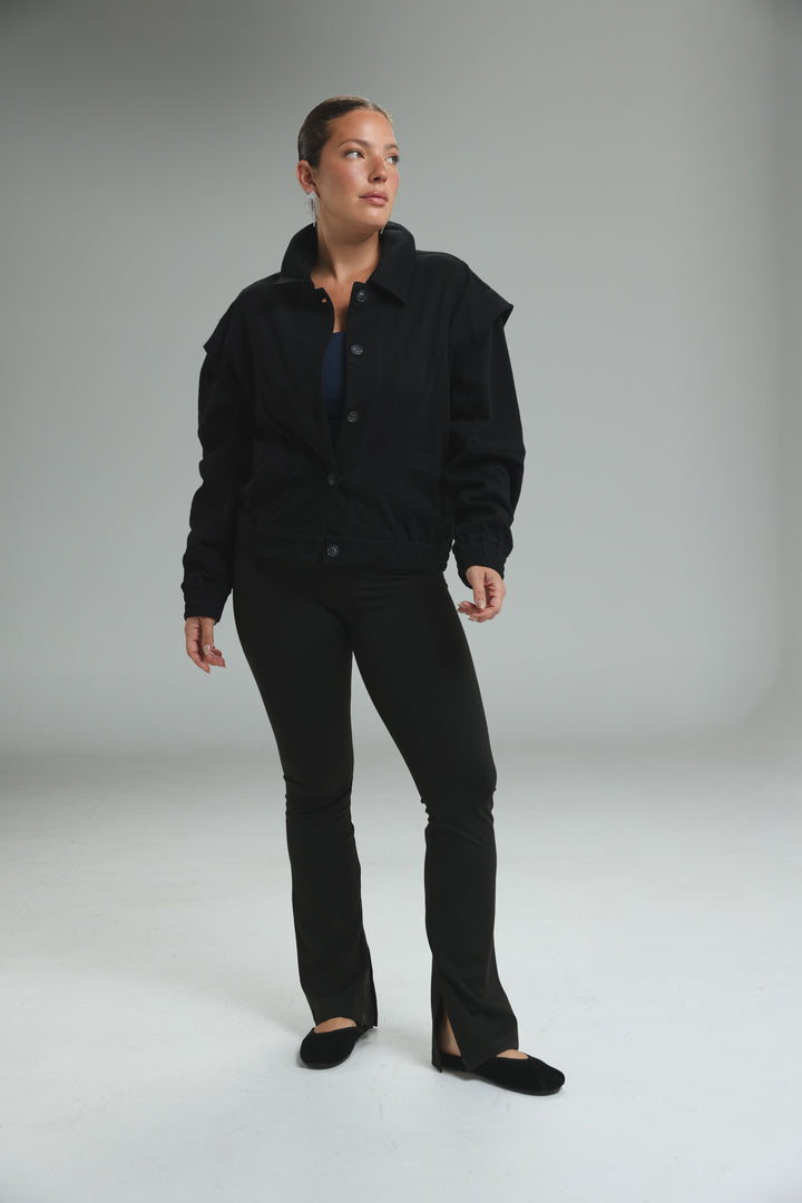 Black oversized Puzzle Wine jacket with structured shoulders and button closures shown from the front