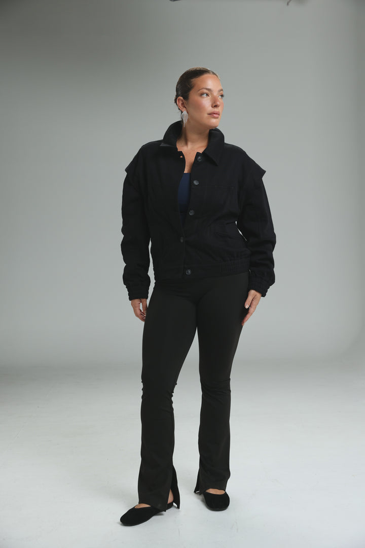 Black button-up Puzzle Wine jacket with high collar and flared sleeves shown from the front