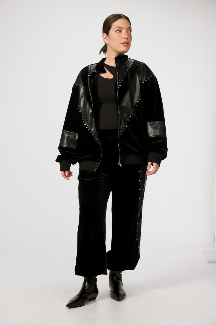 Studded Black Velvet Joggers