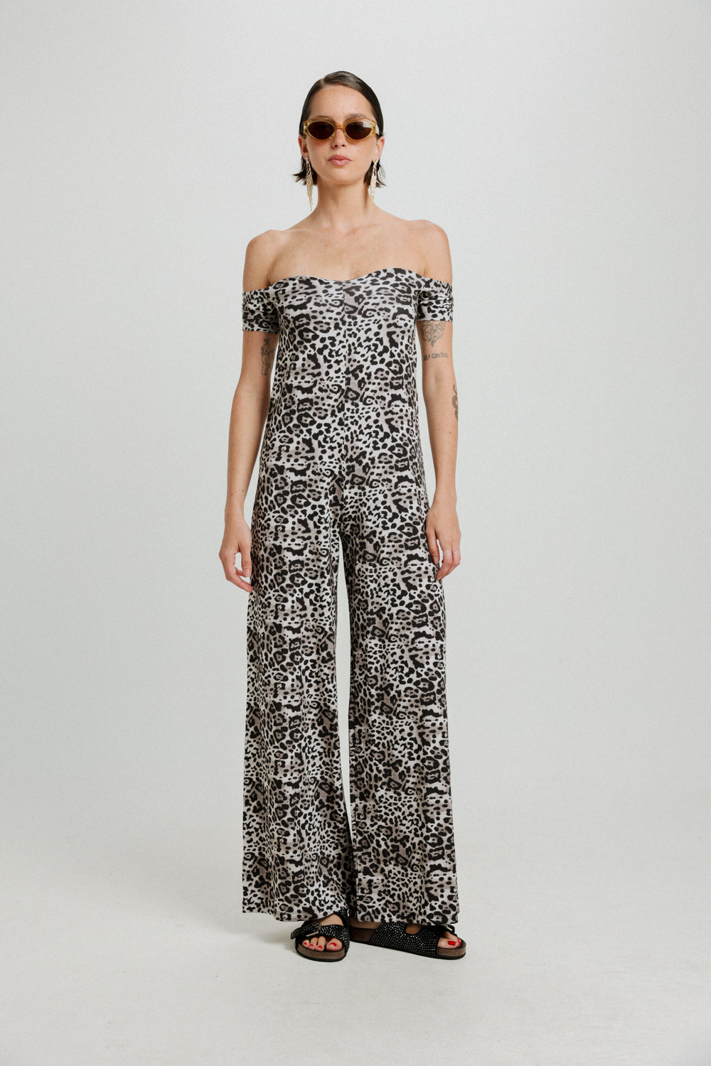 Eye Off Shoulder Black Leopard Jumpsuit