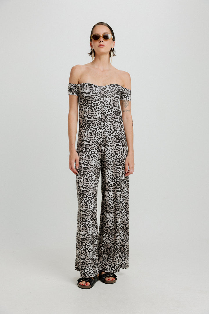 Eye Off Shoulder Black Leopard Jumpsuit