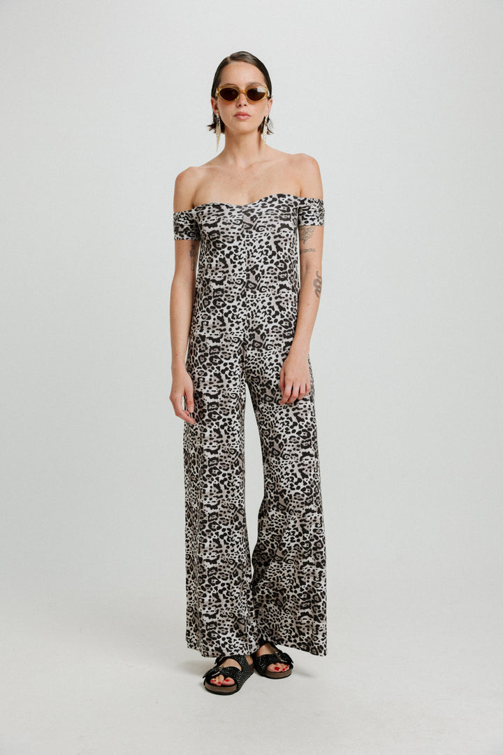 Eye Off Shoulder Black Leopard Jumpsuit