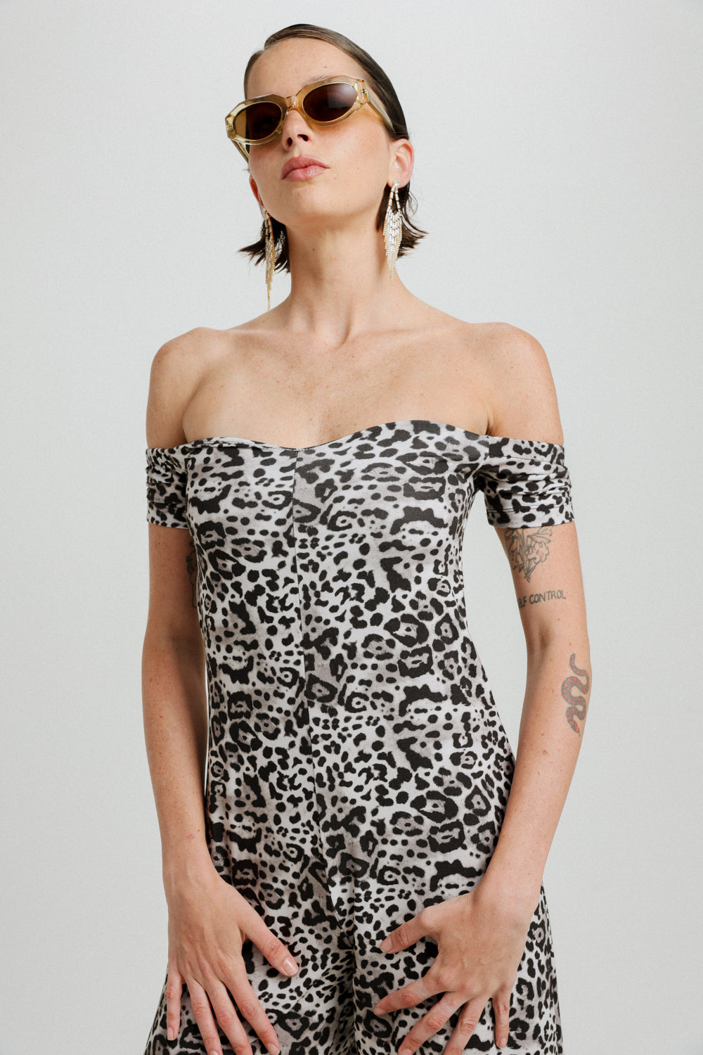 Eye Off Shoulder Black Leopard Jumpsuit