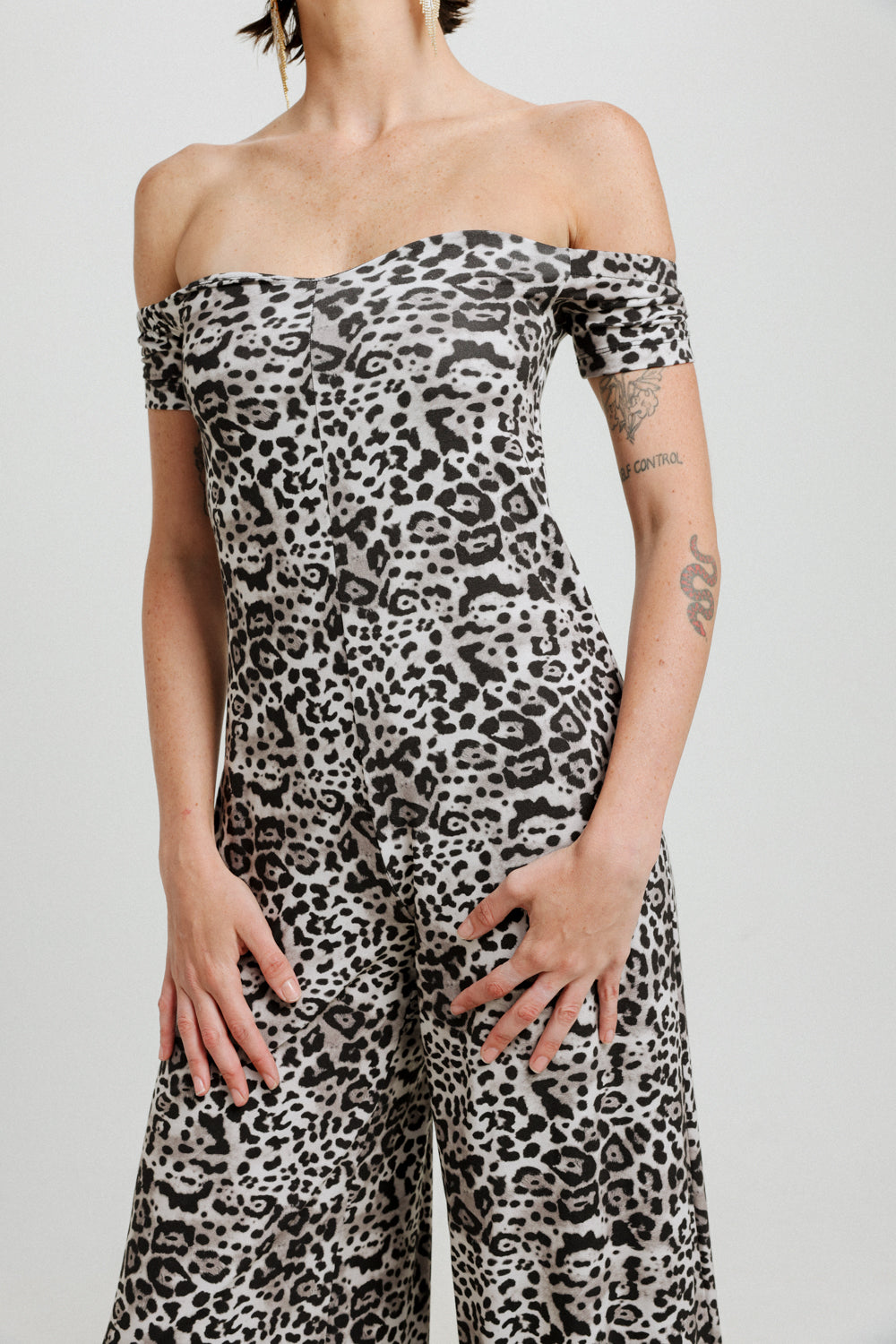 Eye Off Shoulder Black Leopard Jumpsuit