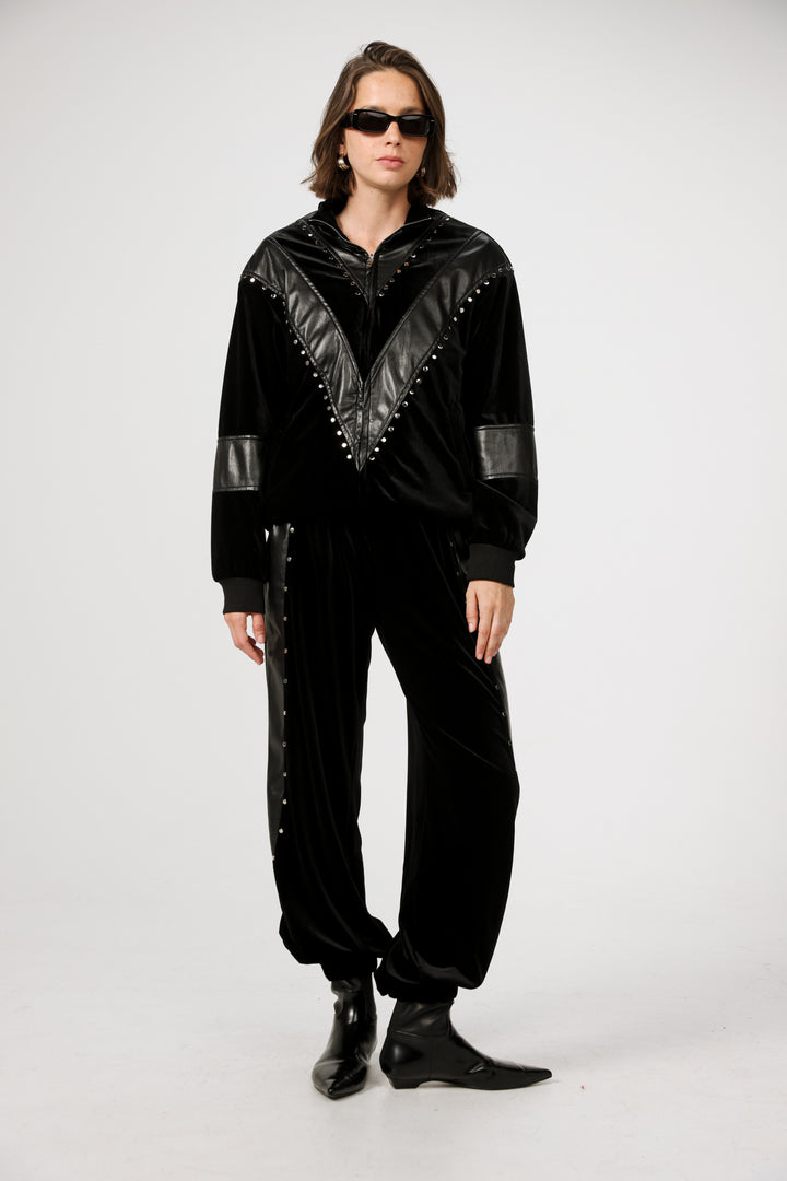 Studded Black Velvet Joggers