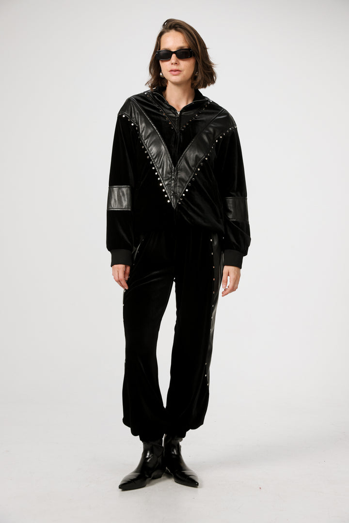 Studded Black Velvet Joggers