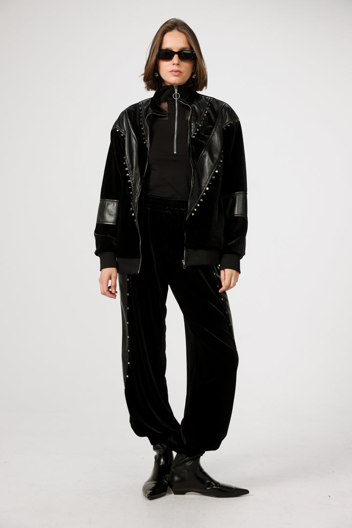 Studded Black Velvet Joggers