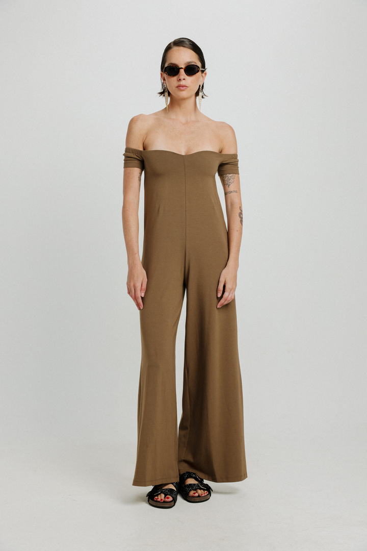 Eye Off Shoulder Brown Jumpsuit