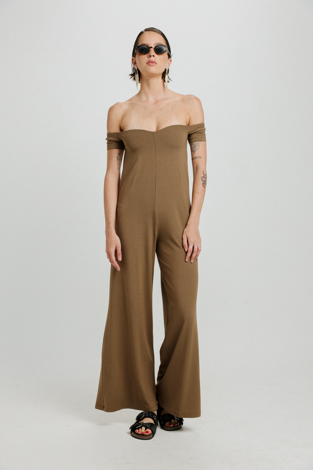 Eye Off Shoulder Brown Jumpsuit