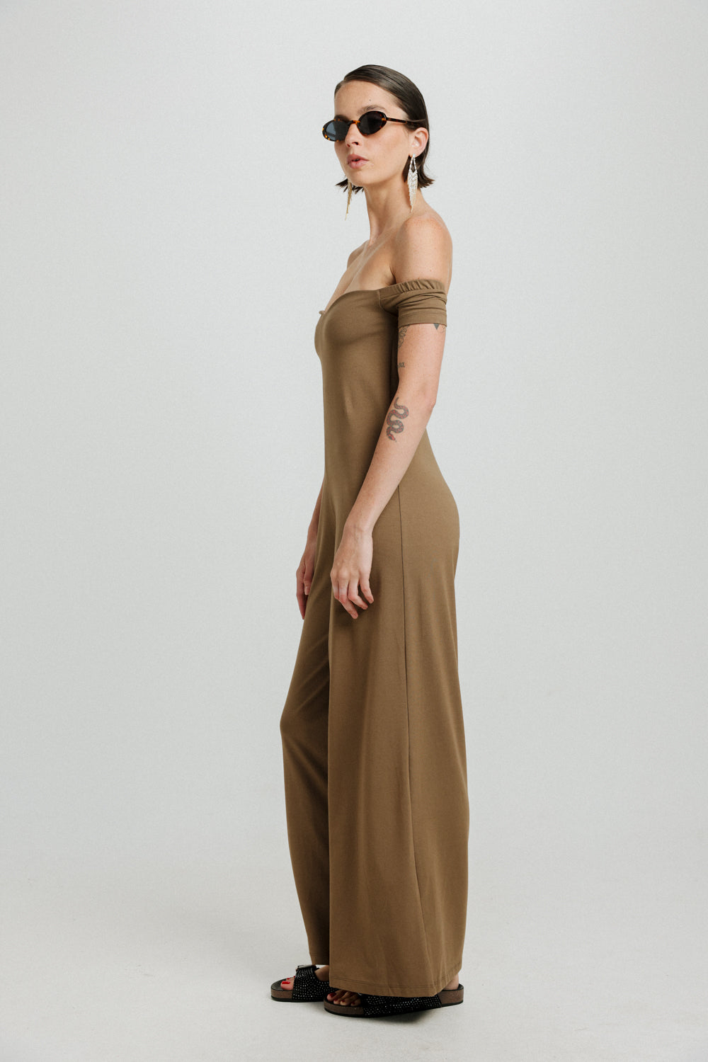 Eye Off Shoulder Brown Jumpsuit