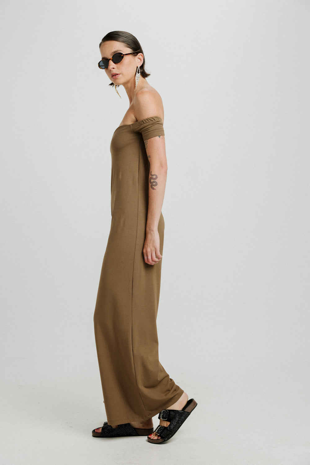 Eye Off Shoulder Brown Jumpsuit