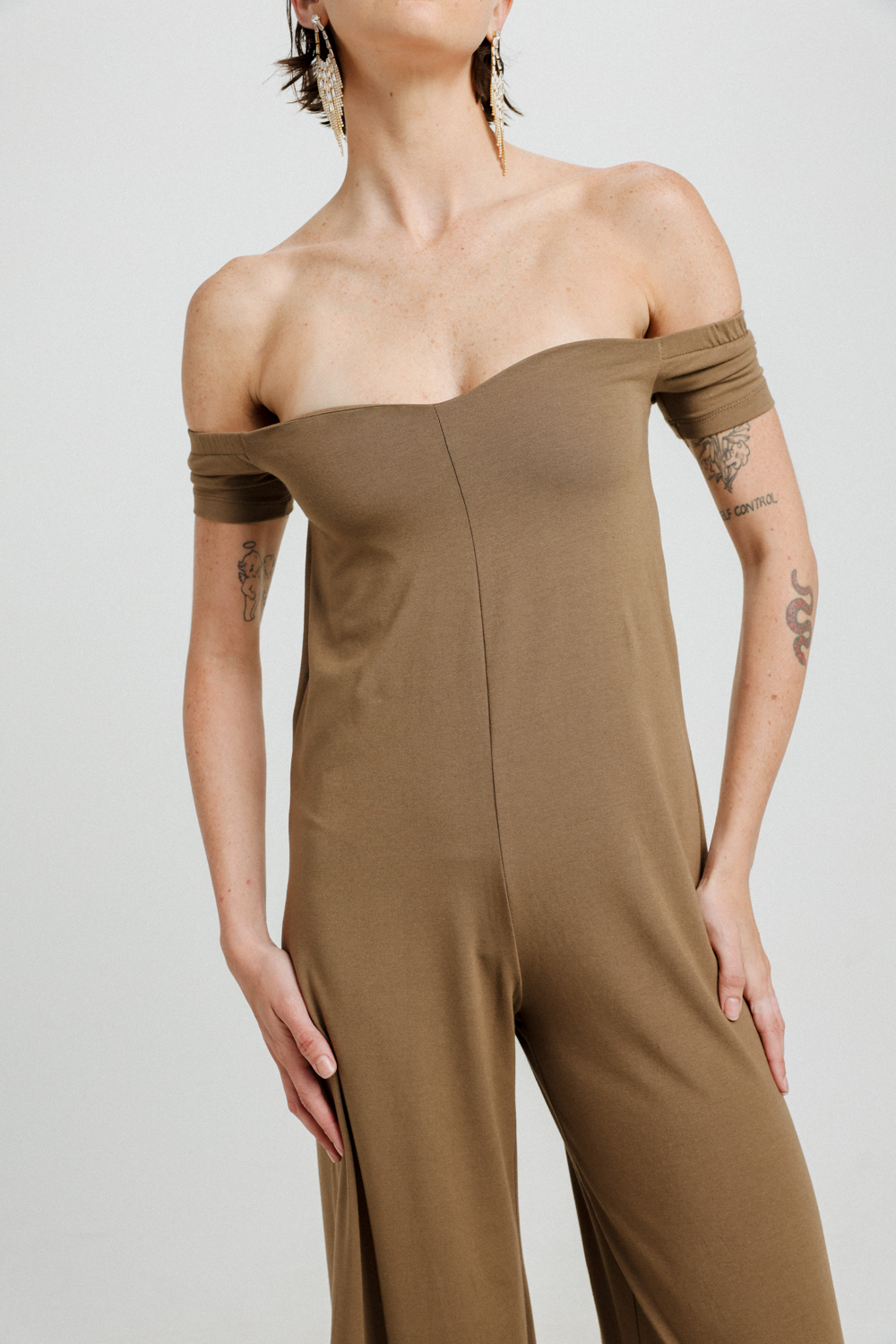 Eye Off Shoulder Brown Jumpsuit