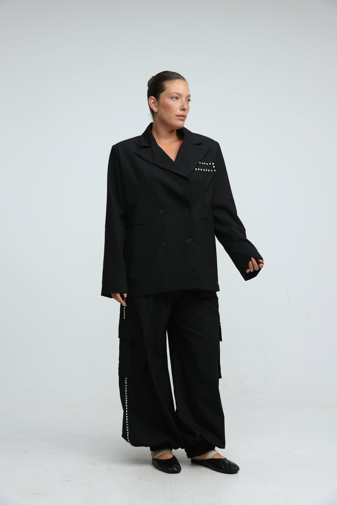 Rhinestone Pocket Tailored Black Blazer
