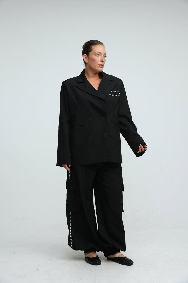 Rhinestone Pocket Tailored Black Blazer
