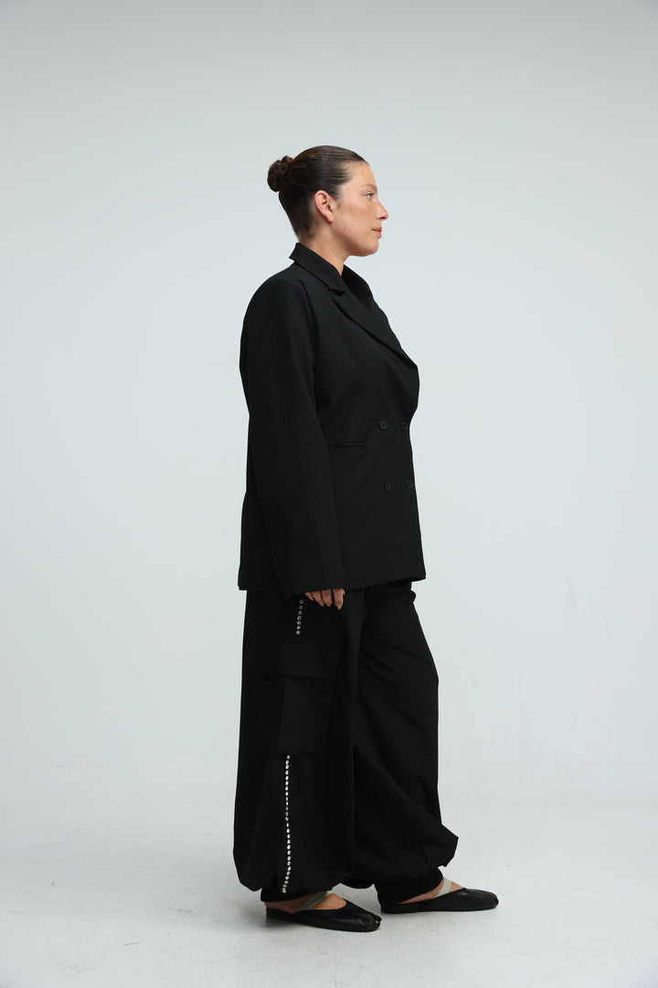 Rhinestone Pocket Tailored Black Blazer