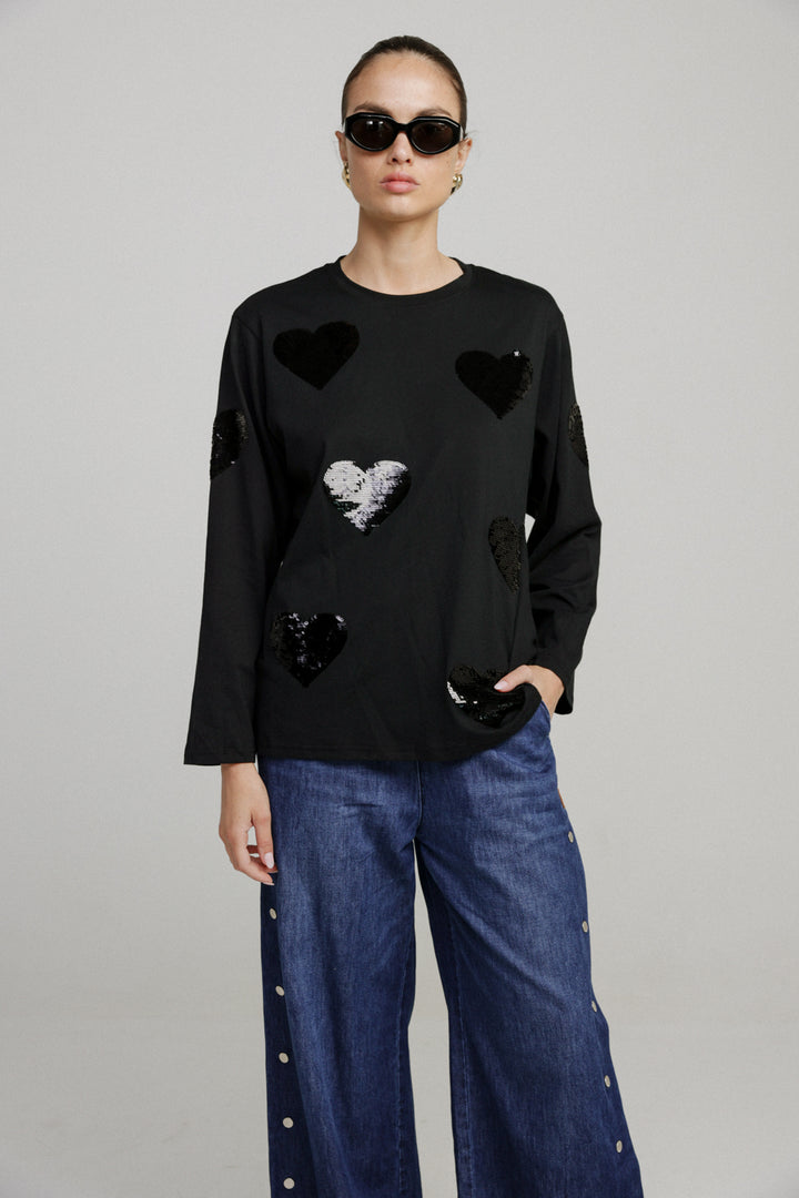 Sequins Heart Black Shirt