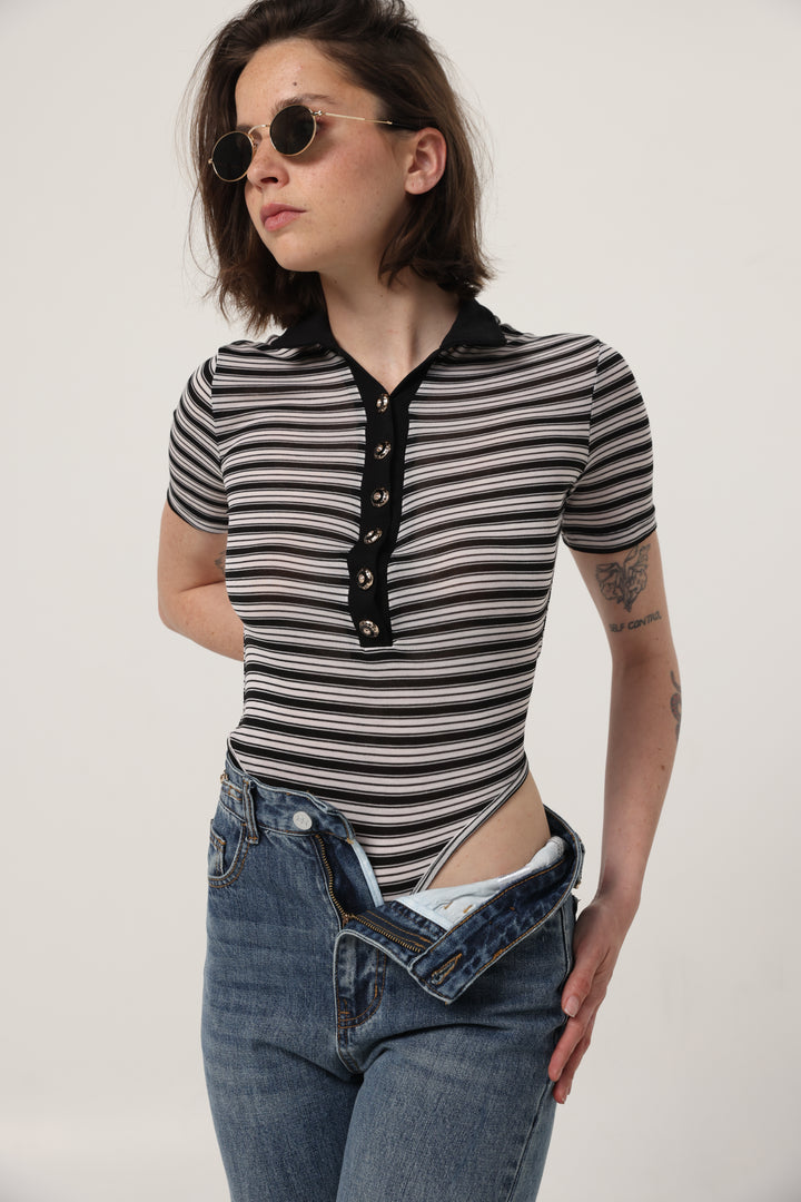 Reality Black Striped Polo Bodysuit