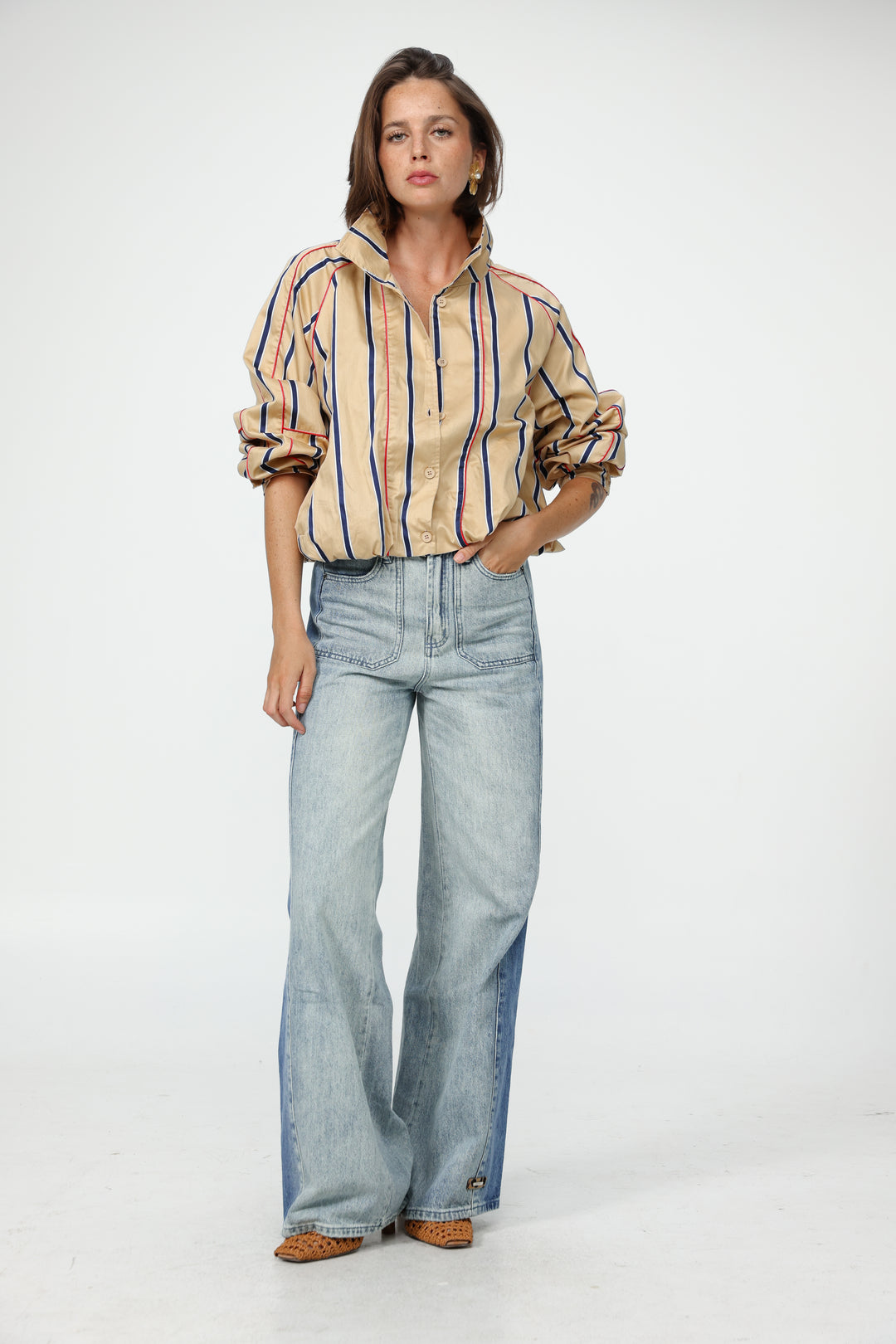 Camel Striped Piped Buttoned Shirt