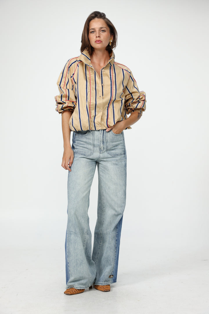Camel Striped Piped Buttoned Shirt
