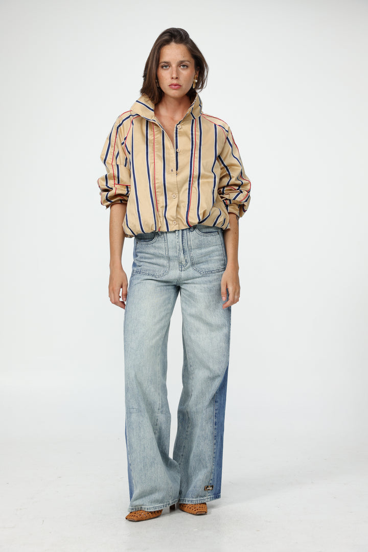Camel Striped Piped Buttoned Shirt