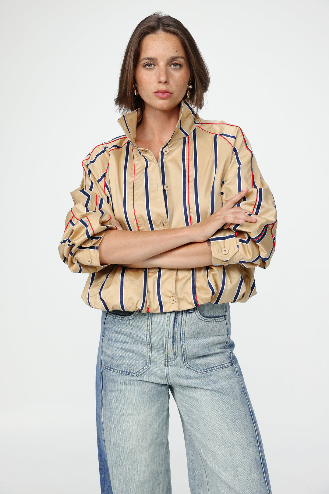 Camel Striped Piped Buttoned Shirt