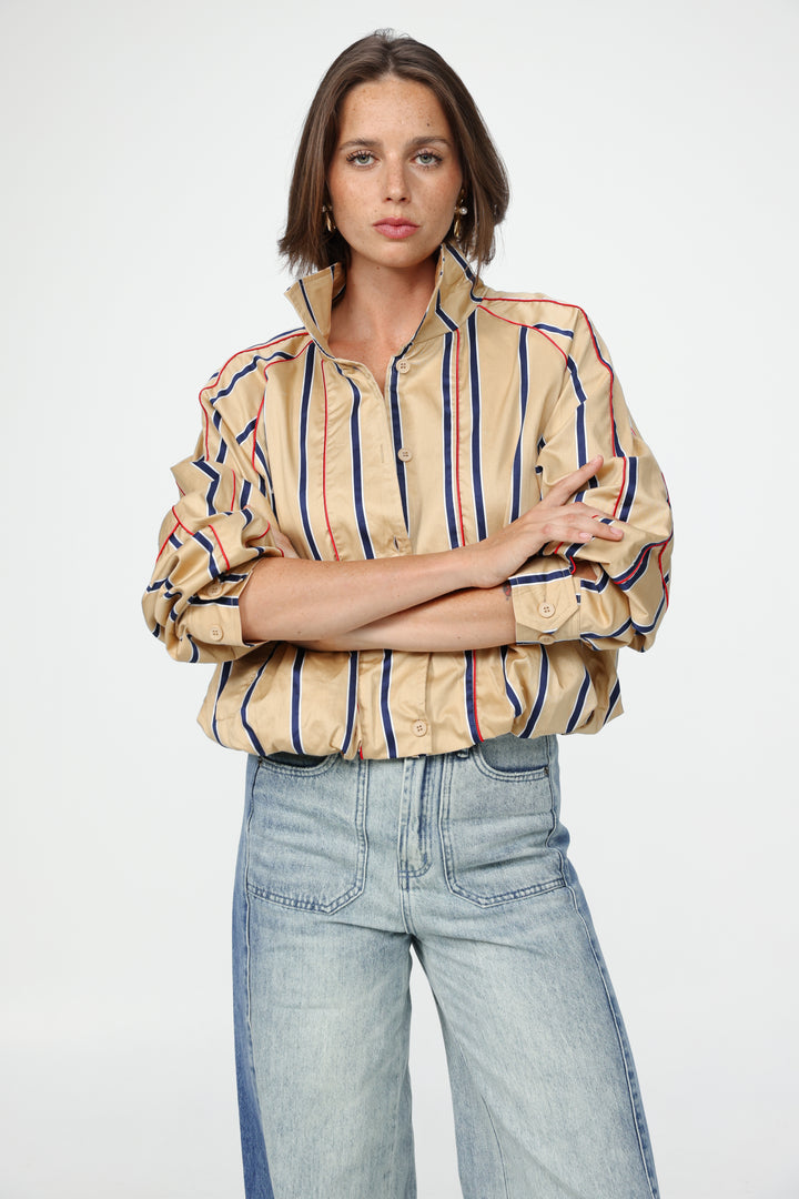 Camel Striped Piped Buttoned Shirt