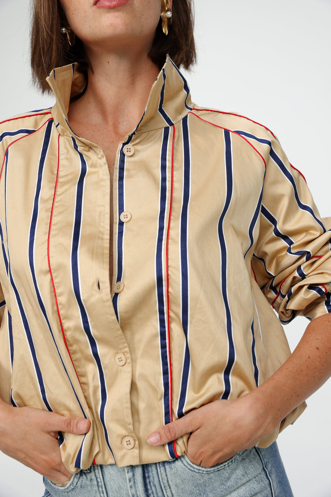 Camel Striped Piped Buttoned Shirt