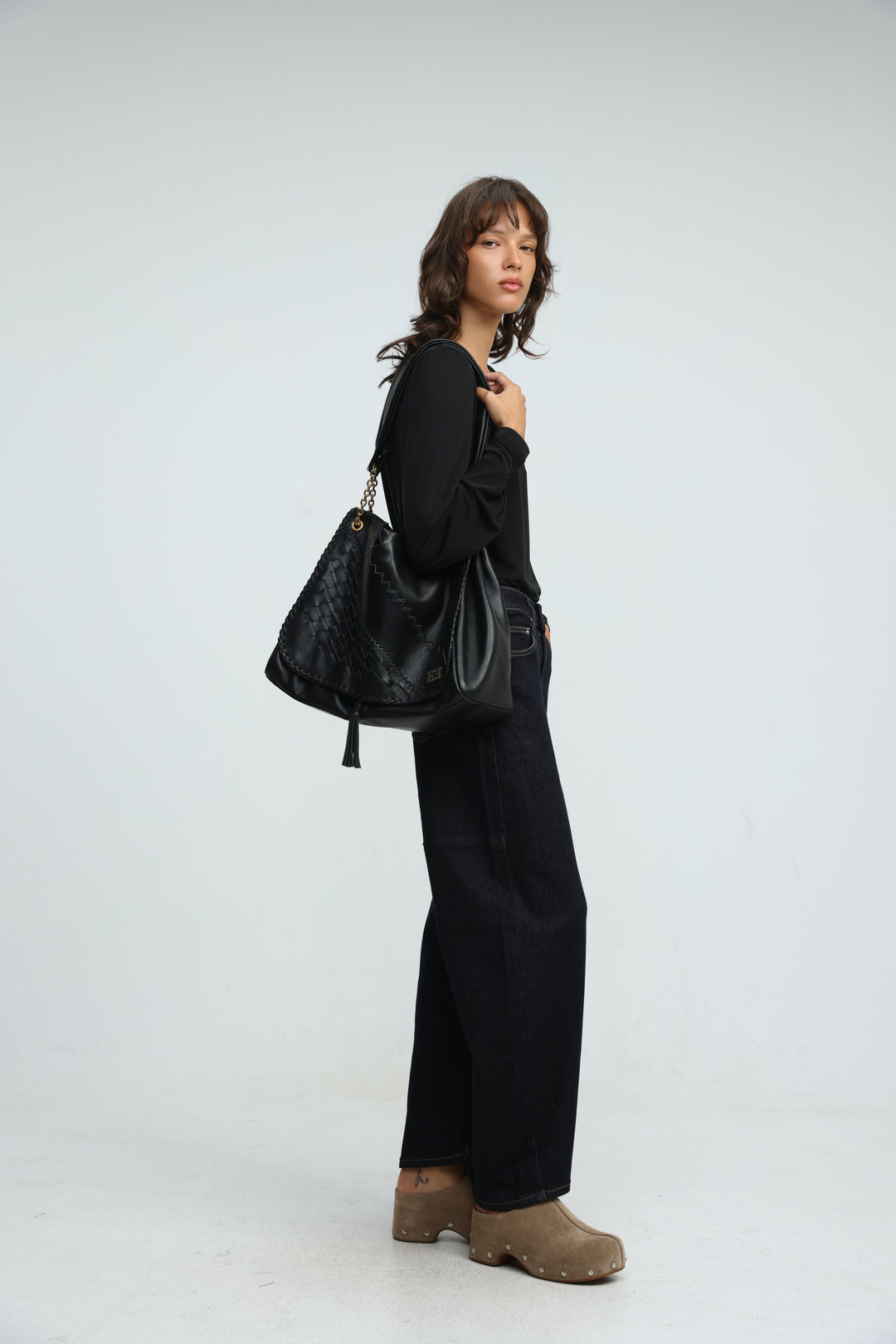 Woven Black Leather Bag