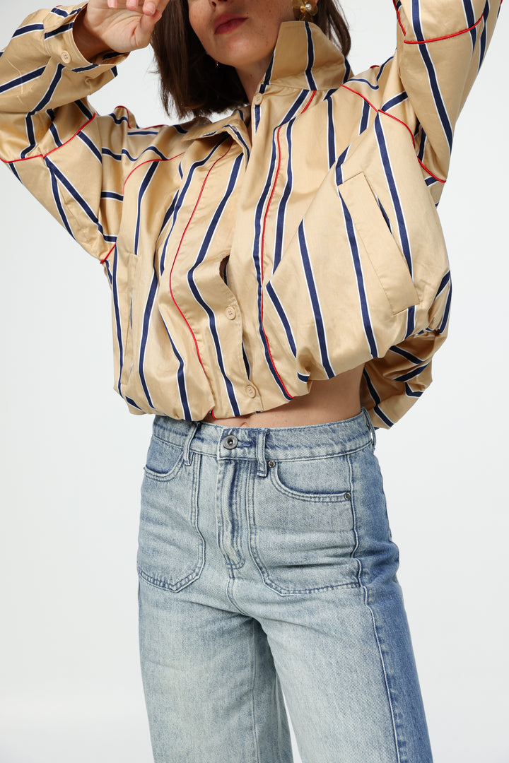 Camel Striped Piped Buttoned Shirt
