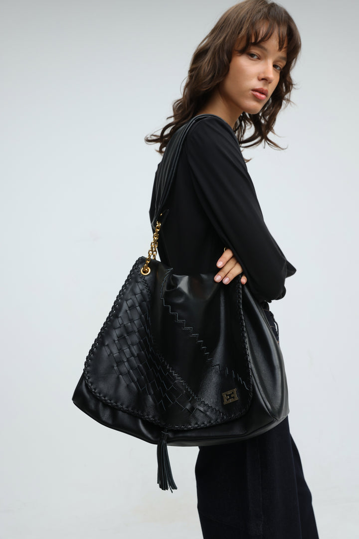 Woven Black Leather Bag