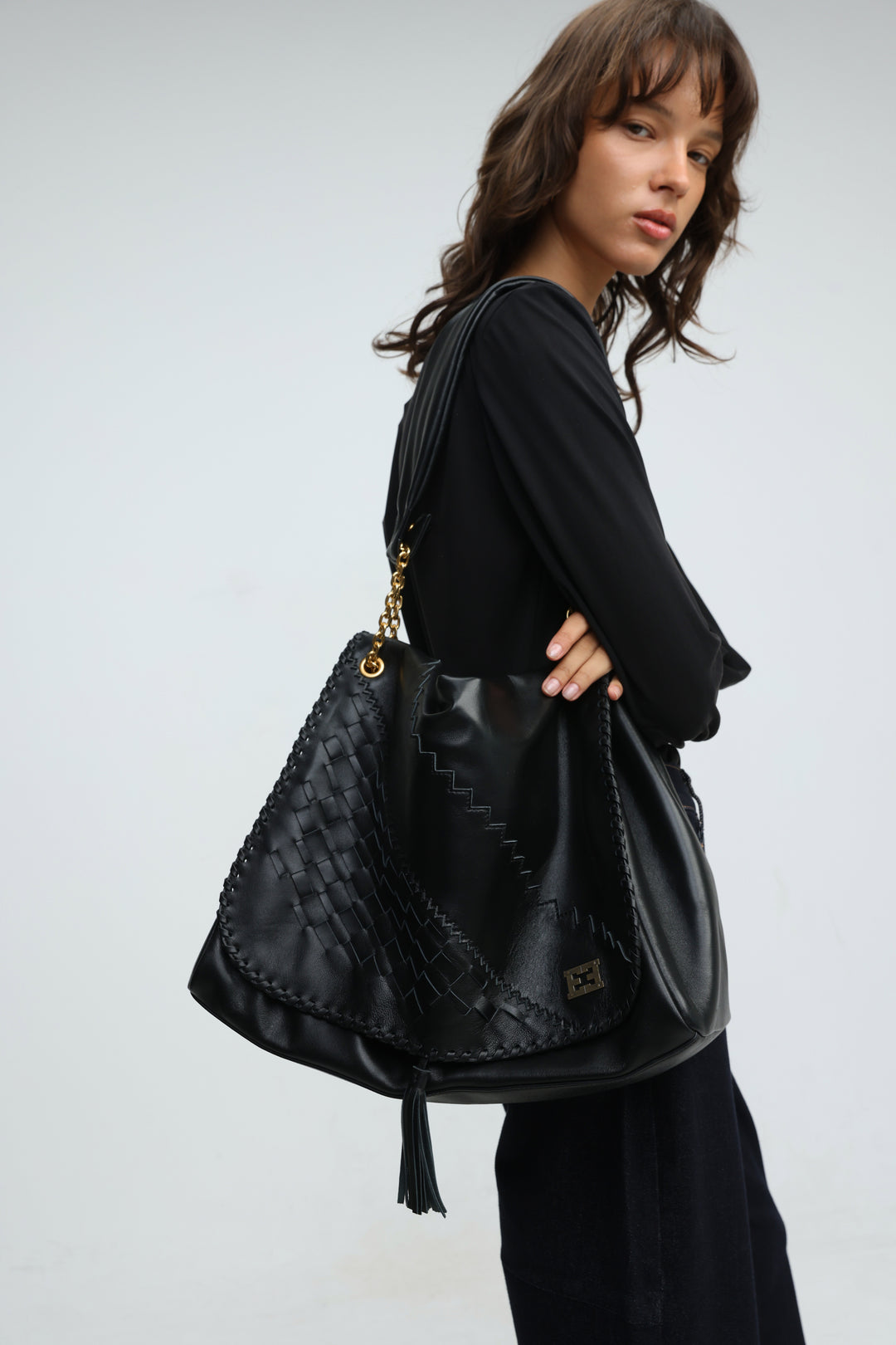 Woven Black Leather Bag