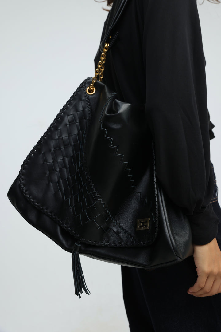 Woven Black Leather Bag
