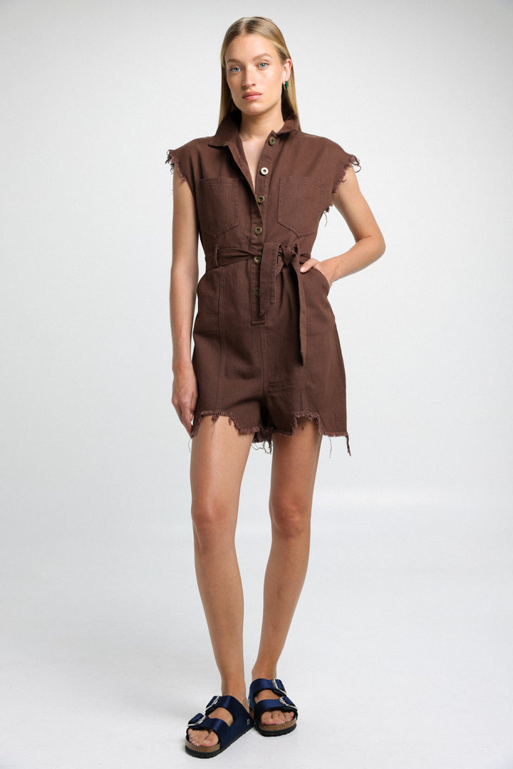 Short Brown Denim Jumpsuit