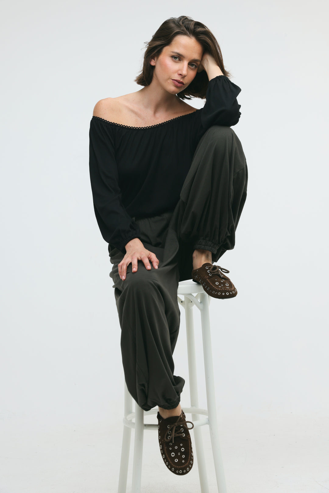 Suede Eyelet Brown Mules