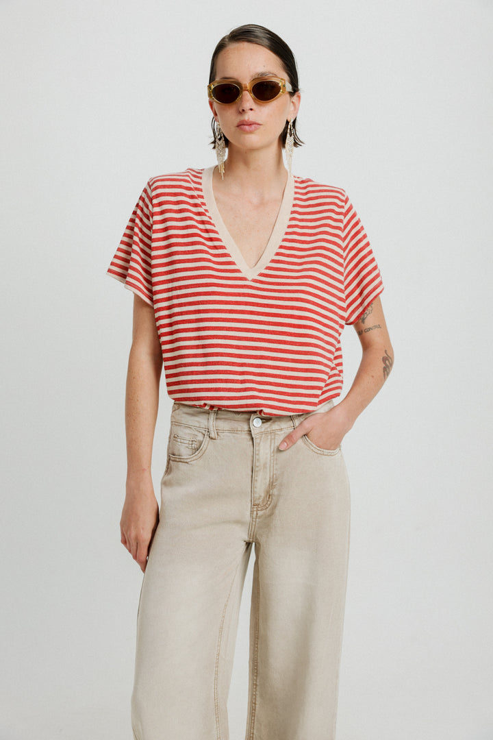 Pioneer Red Striped Padded V T-Shirt