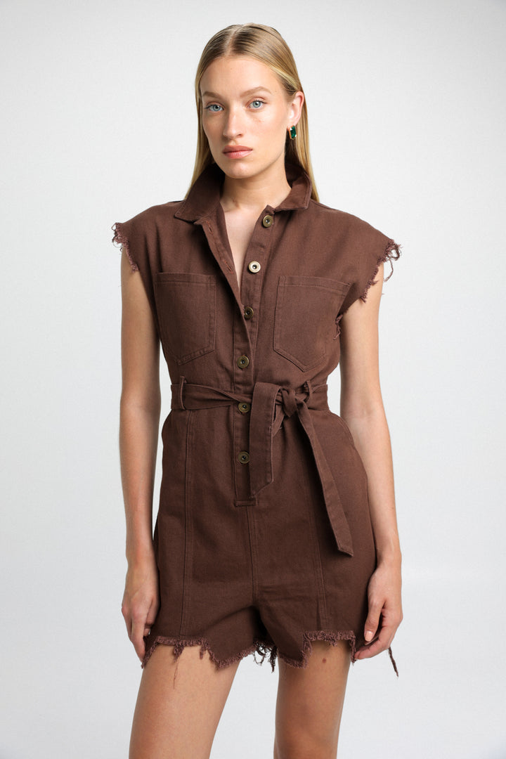 Short Brown Denim Jumpsuit