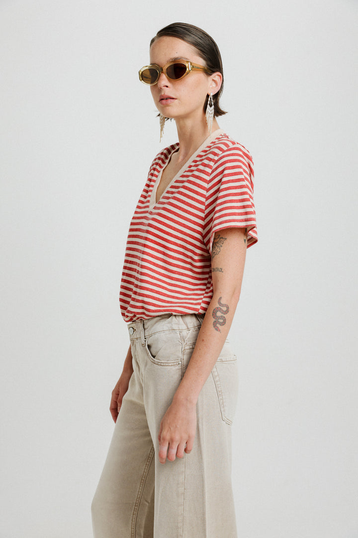 Pioneer Red Striped Padded V T-Shirt