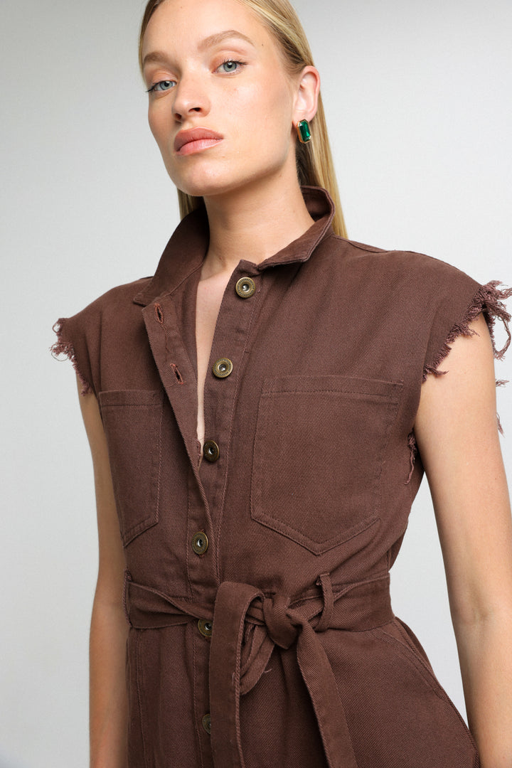 Short Brown Denim Jumpsuit