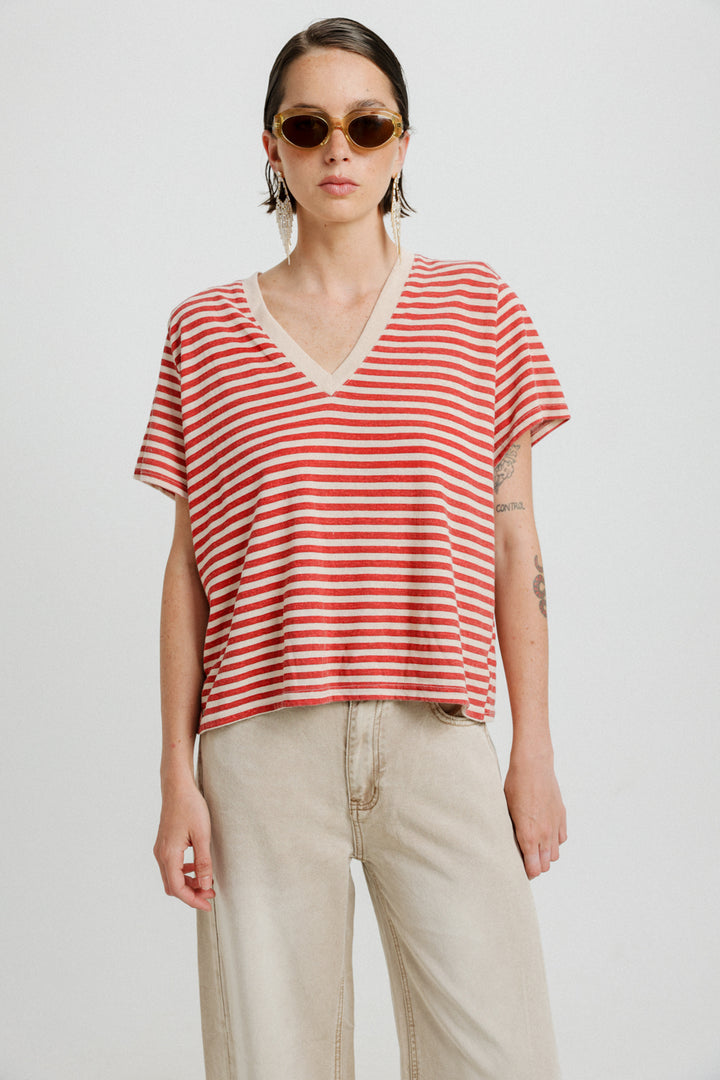 Pioneer Red Striped Padded V T-Shirt