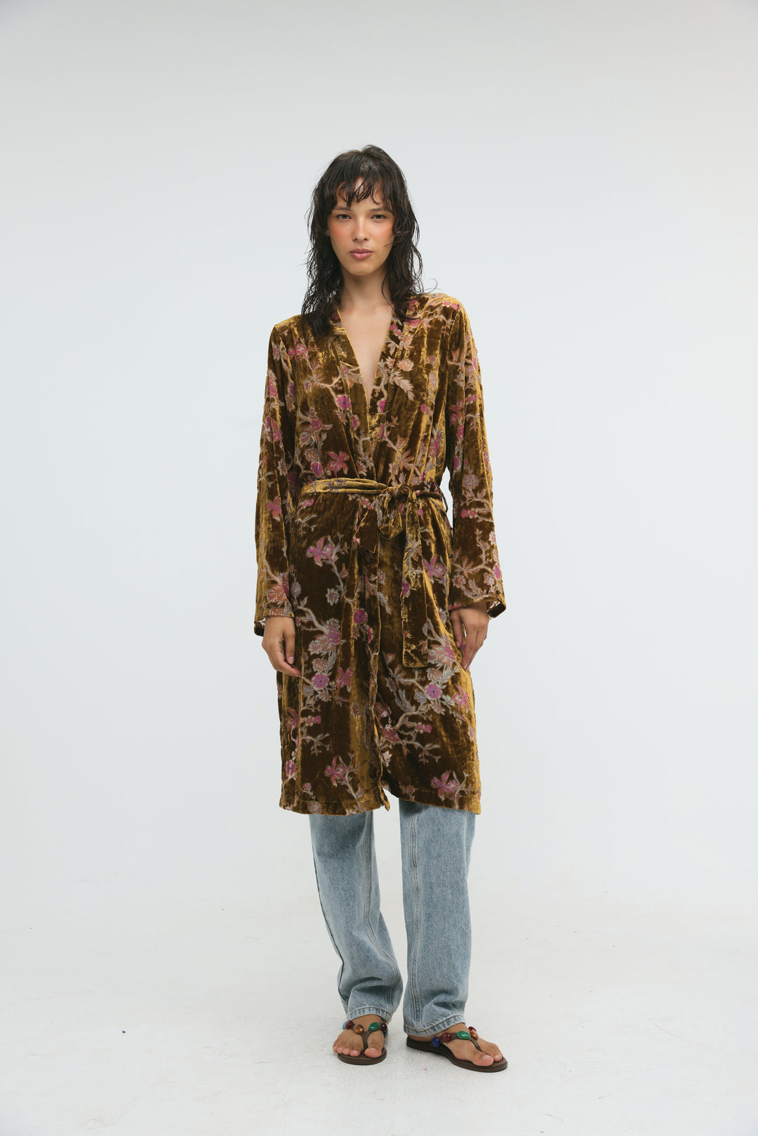 Long Floral Velvet Brown Kimono