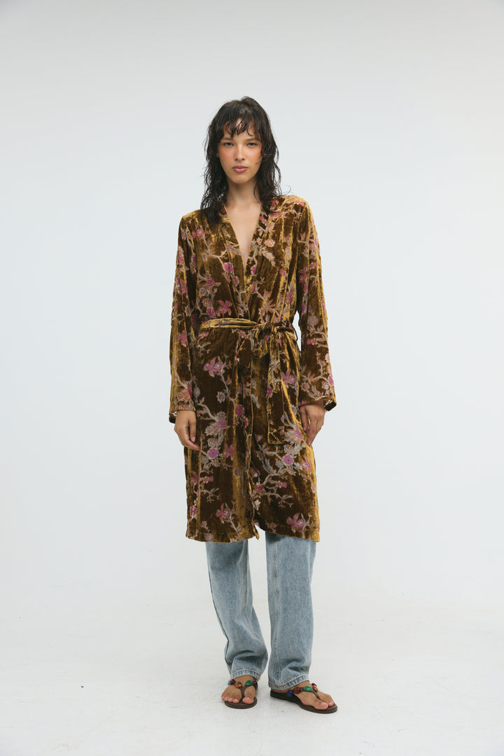 Long Floral Velvet Brown Kimono