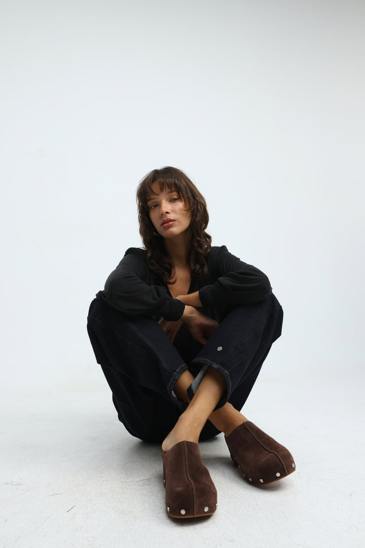 Brown Studded Suede Clogs