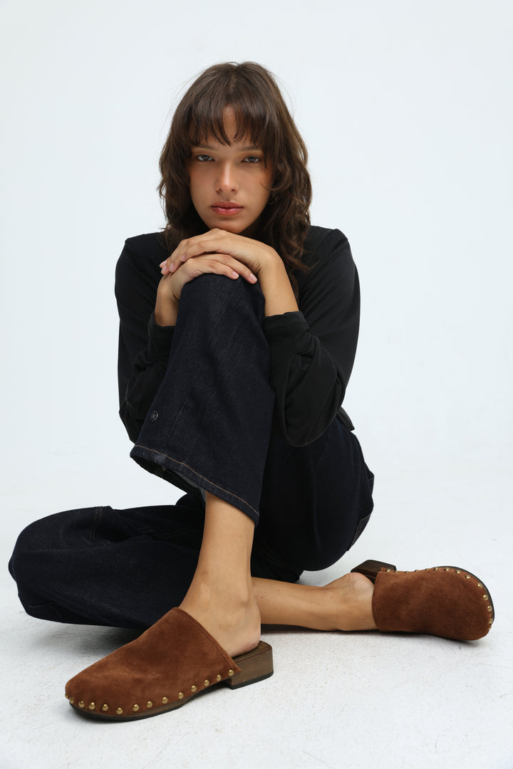 Brown Studded Suede Wood Clogs