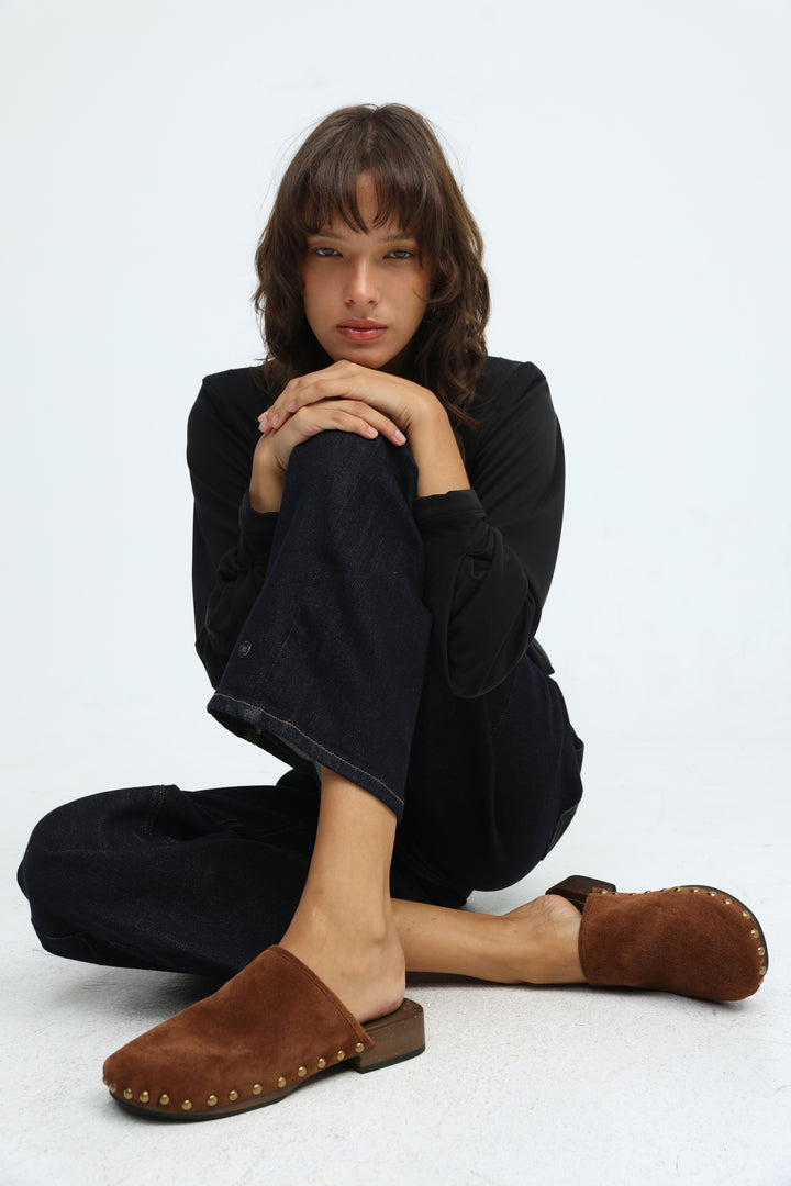 Brown Studded Suede Wood Clogs
