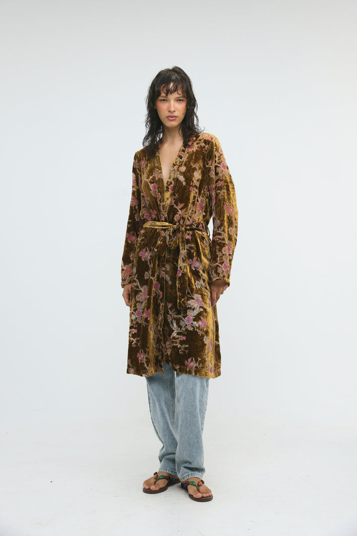Long Floral Velvet Brown Kimono