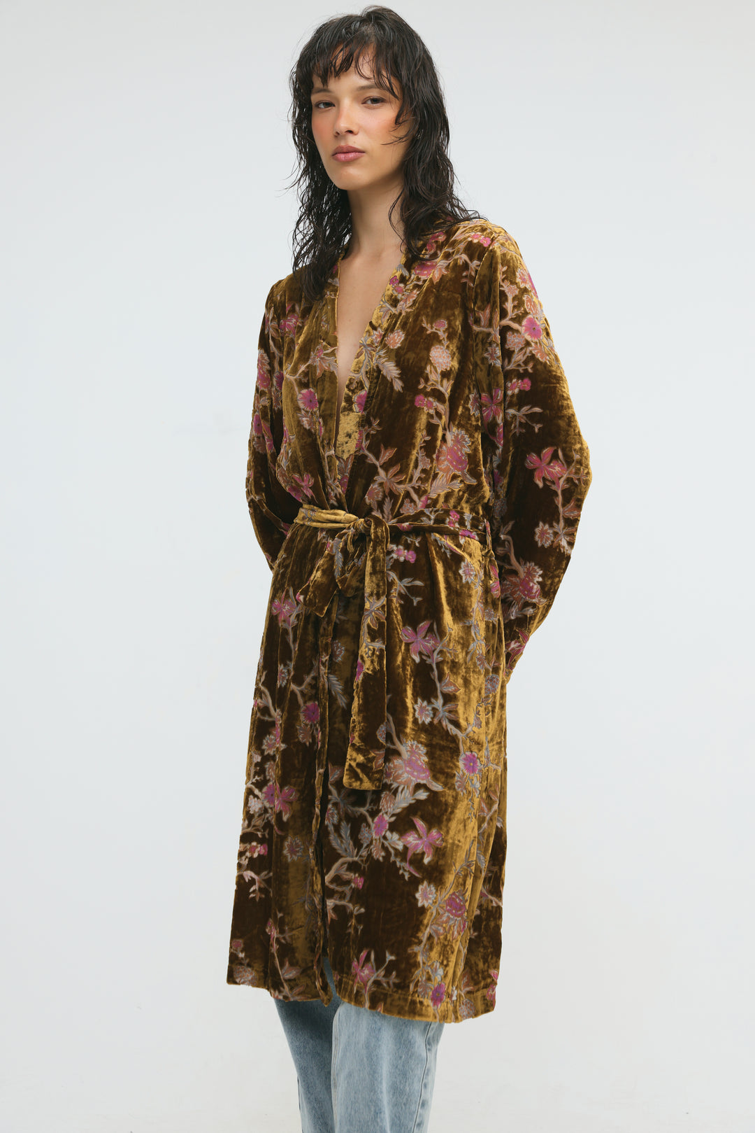 Long Floral Velvet Brown Kimono