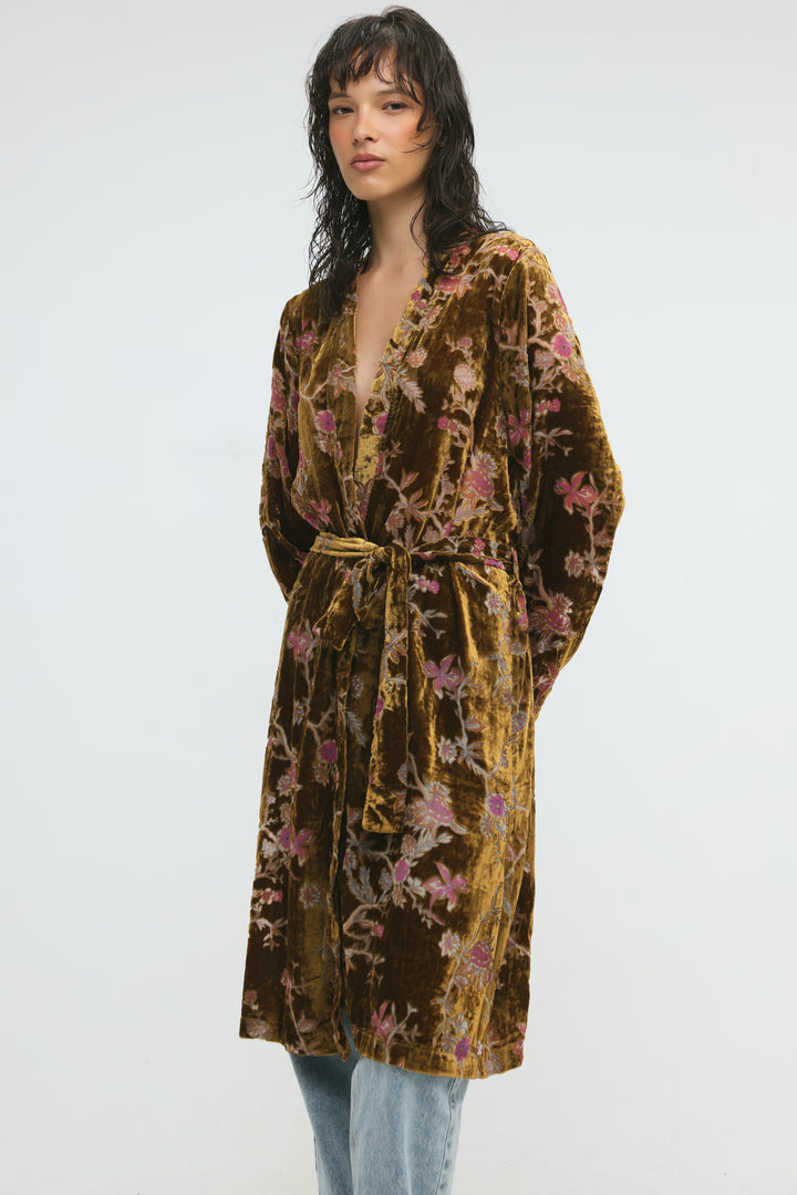 Long Floral Velvet Brown Kimono