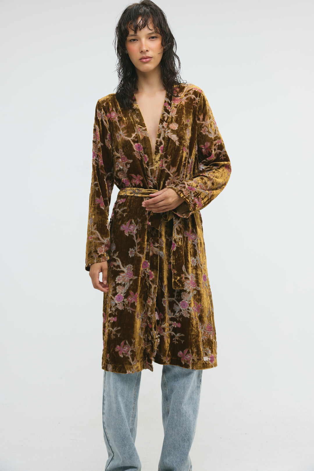 Long Floral Velvet Brown Kimono